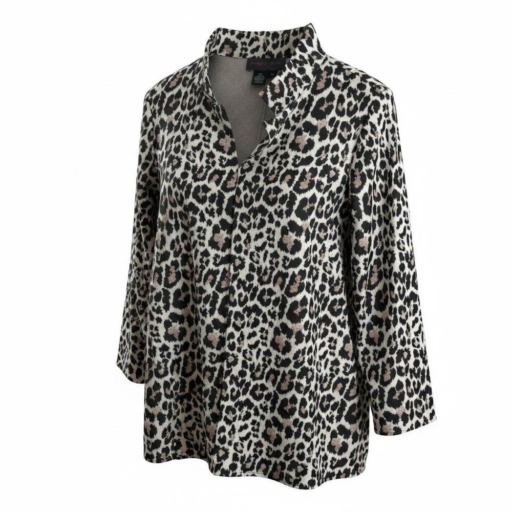 Nina McLemore Women Tunic 14 Tan Leopard Print V-Neck Stand Collar Mob Wife Chic
